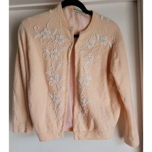 Vintage 50s Macy's California Beaded Cardigan‎ Lambswool Angora Peach Pink